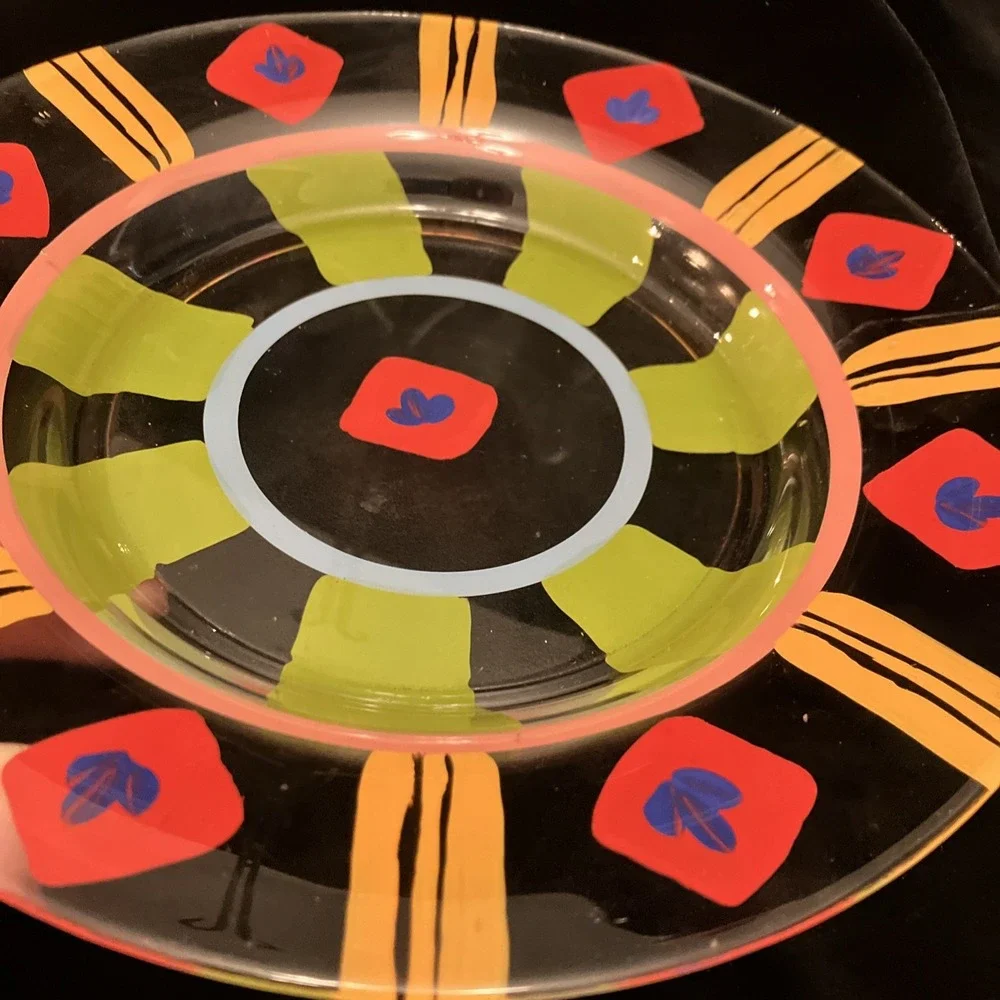 Clear Art Glass Hand Painted Vibrant Colorful Display or Dinner Plates Set of 2
